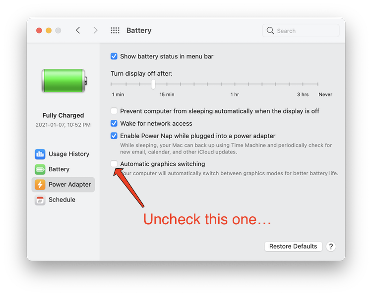 macOS Battery settings panel
